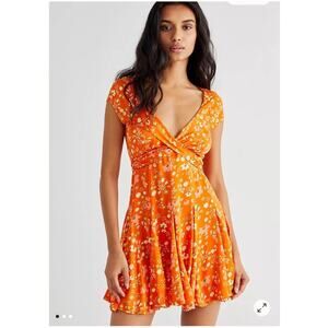 Free People NWT Orange Floral Tie Front Mini Dress Medium Rare FP